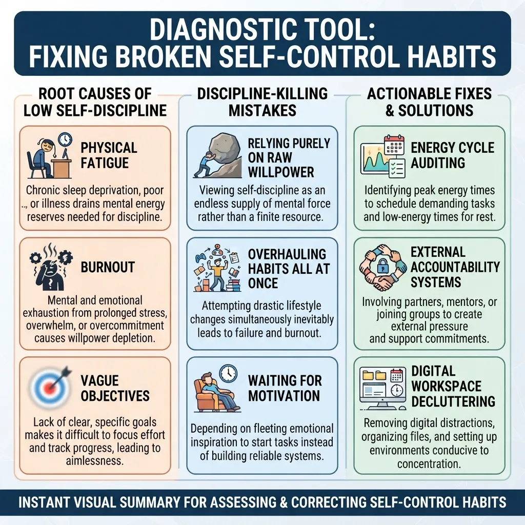 Infographic flowchart showing a person evaluating root causes of low self discipline, burnout, and environment triggers