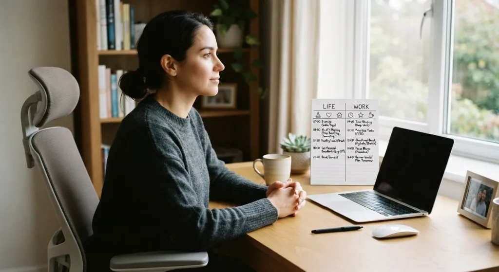 A person practicing effective stress management by organizing priorities at a clean desk with a calming plant and notepad