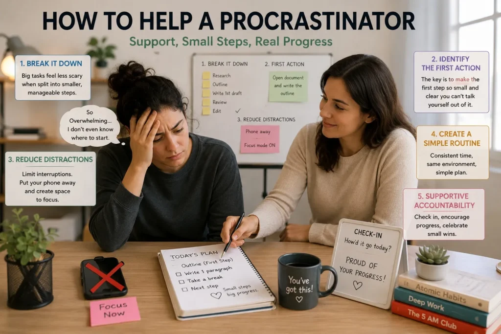 Person helping a procrastinator break a large task into small steps, reduce distractions, and stay accountable