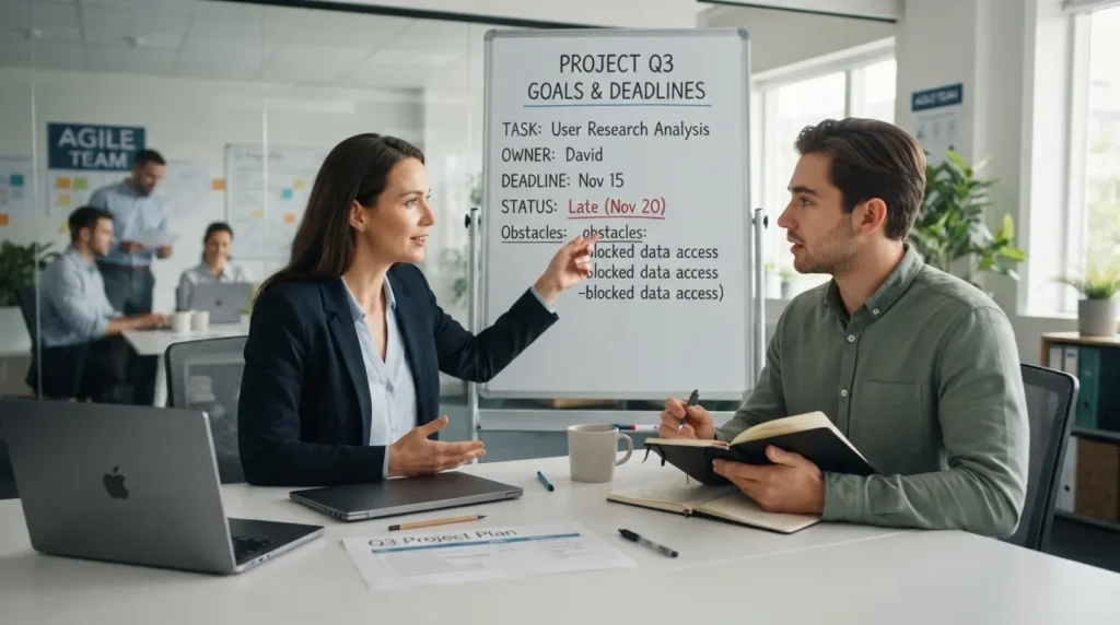 Manager holding an accountability conversation with an employee by setting clear expectations, checking progress, coaching on missed commitments, and allowing ownership without micromanaging.