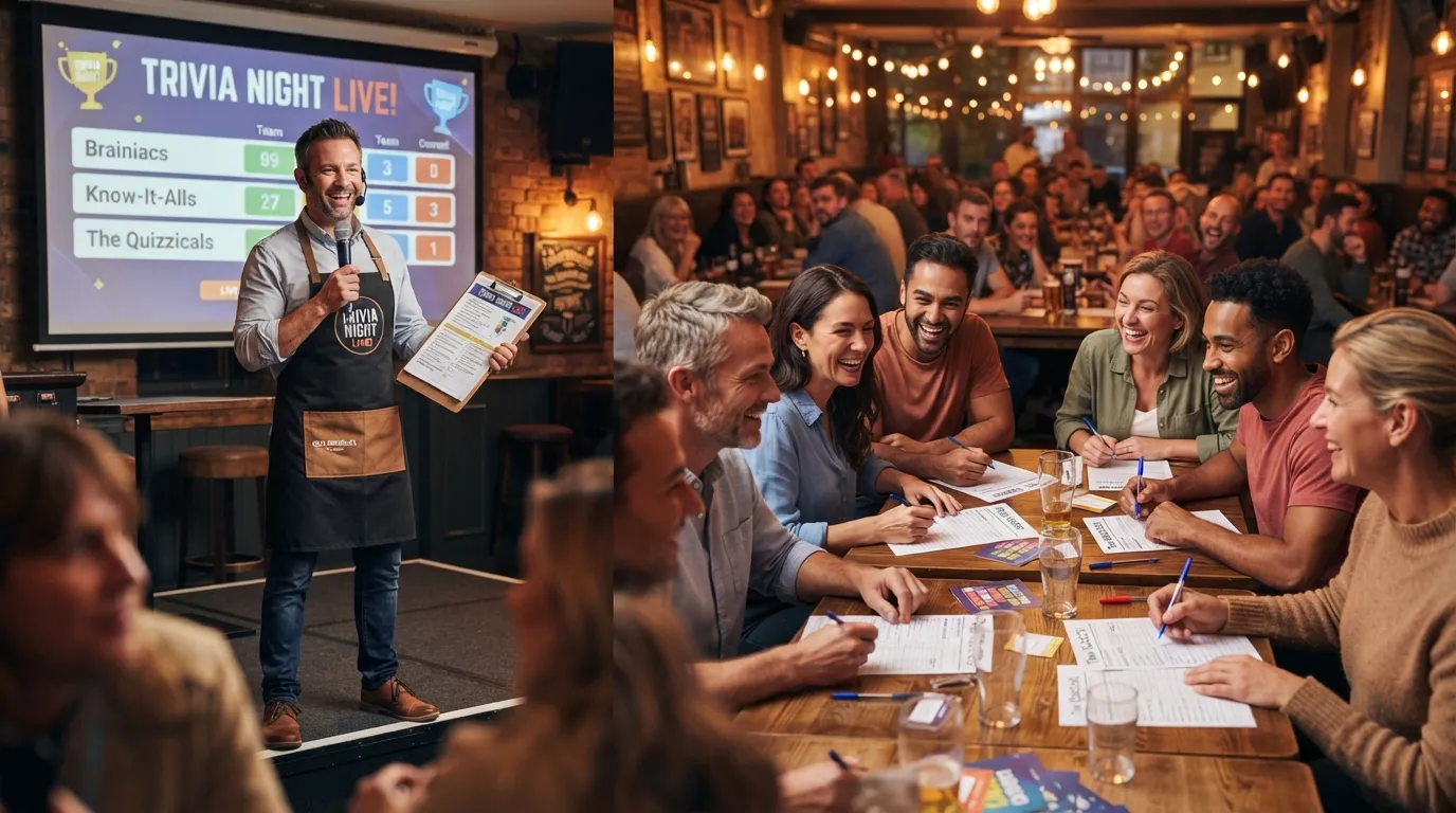 A live pub trivia quiz host standing on a stage with a microphone addressing a seated crowd of engaged participants during a game night.