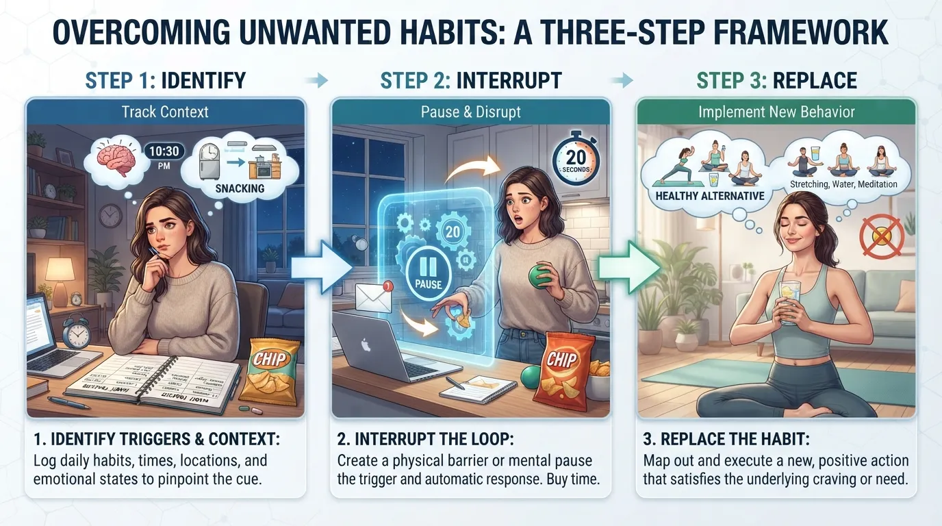 Step-by-step infographic showing how to identify a bad habit trigger, interrupt the cycle, and replace the routine with a healthier behavior.