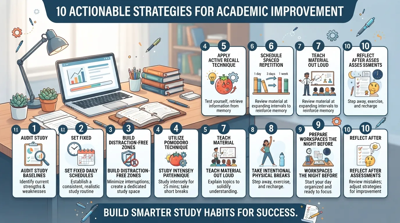 A student sitting at a clean desk checking off a 10-step list on how to improve study habits using a laptop and planner.