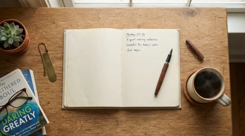 A person sitting comfortably at a desk with an open notebook and pen, representing a simple daily journaling routine for beginners.