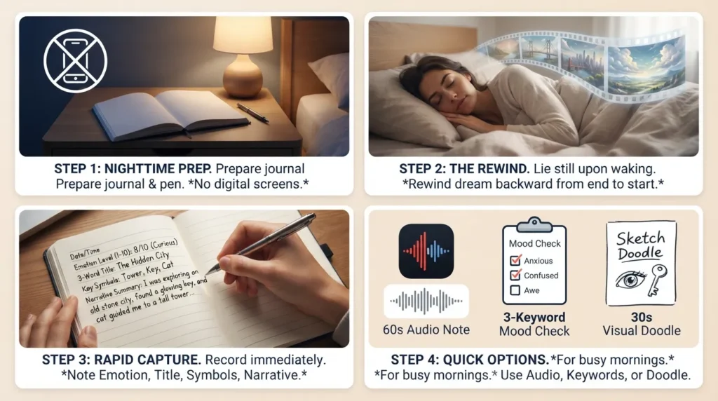 A step-by-step graphic illustrating the 5-minute rewind method for keeping a dream journal, showing bedside setup, remaining still upon waking, and rapid memory capture.