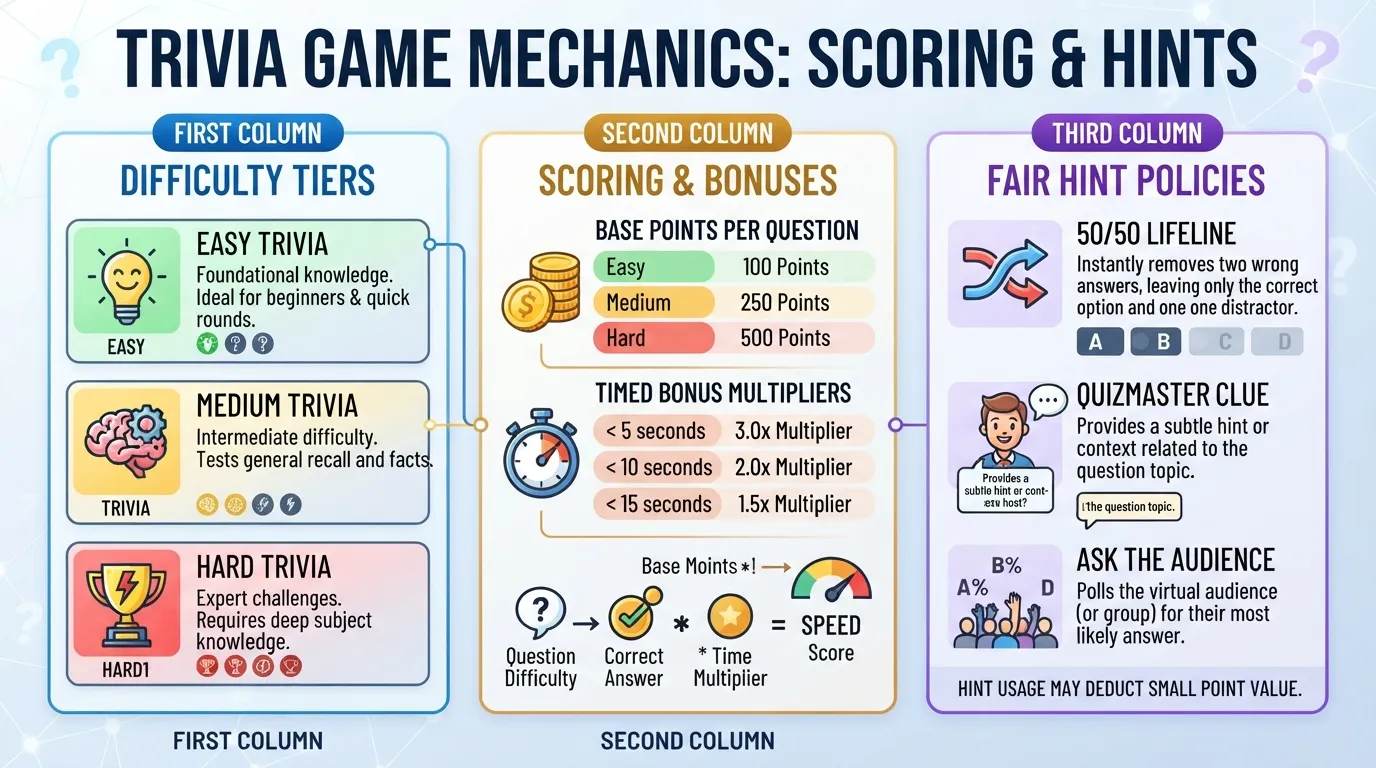 A visual infographic chart outlining trivia game difficulty tiers, scoring point systems, and hint rules for game nights.