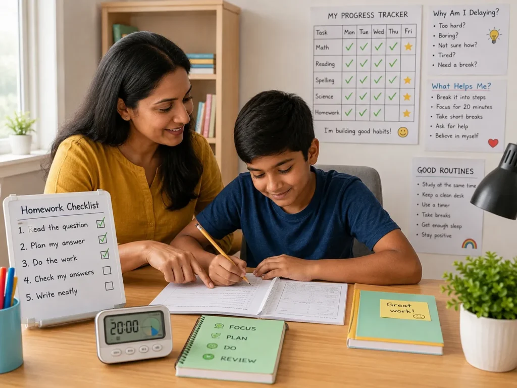 Parent helping a child reduce procrastination by breaking homework into small steps, using a task checklist, creating a focused study routine, and building better time management habits