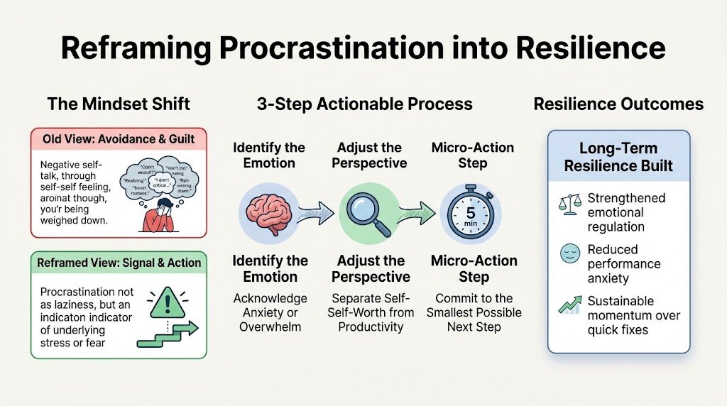 Infographic chart showing how to reframe procrastination into an opportunity for building psychological resilience using emotional awareness and structured task breakdown.