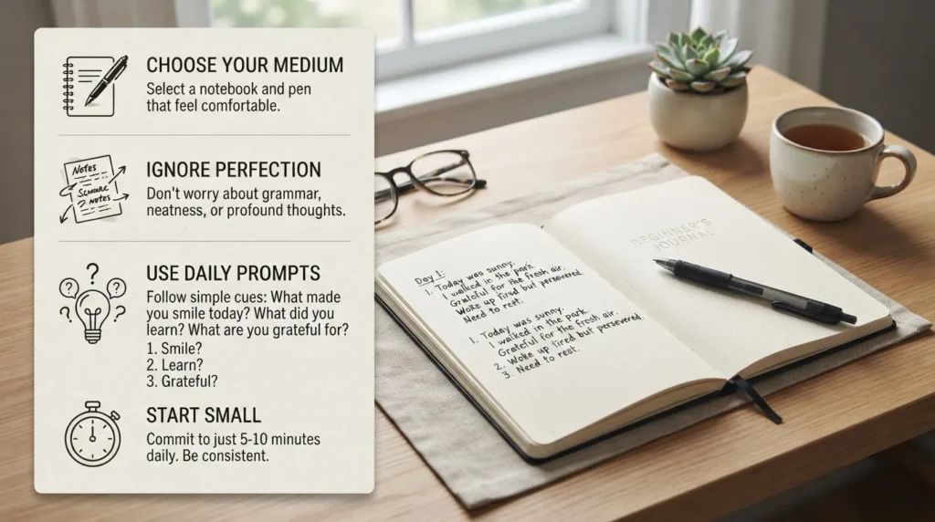 A beginner setting up a personal journal with a pen, notebook, and simple daily writing prompts on a wooden desk.