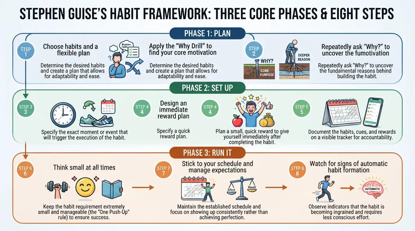 Step-by-step diagram illustrating the 8 steps to start a mini habit, including planning habits, setting up cues, and running daily micro-routines.