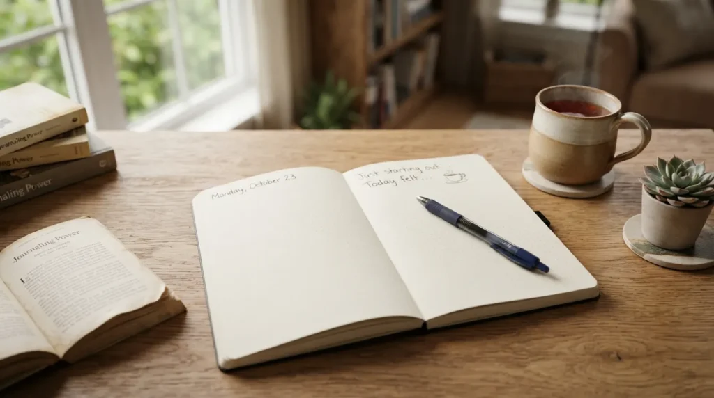 Flat lay image of a beginner writing in an open journal with a pen, surrounded by a cozy desk setup representing easy journaling steps.