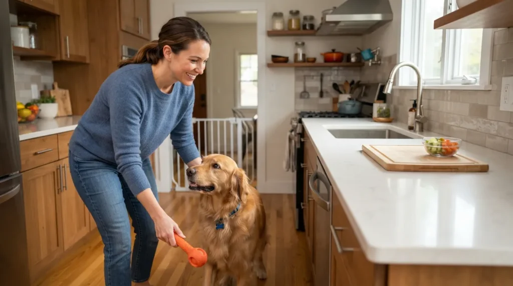 A dog standing on its hind legs reaching for food on a kitchen counter while an owner uses redirection training.
