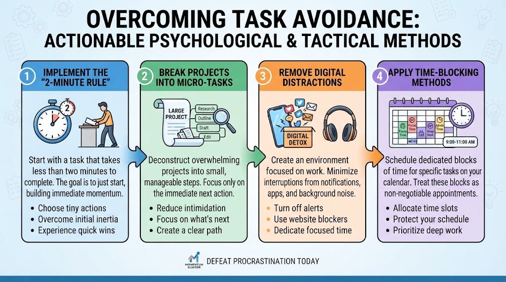 A practical infographic outlining actionable tips, the 2-minute rule, and time management strategies to stop procrastinating immediately.