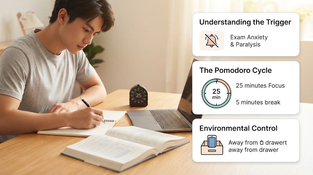 An organized study setup displaying the Pomodoro technique cycle, active study habits, and a phone stored away to prevent study procrastination and exam anxiety.