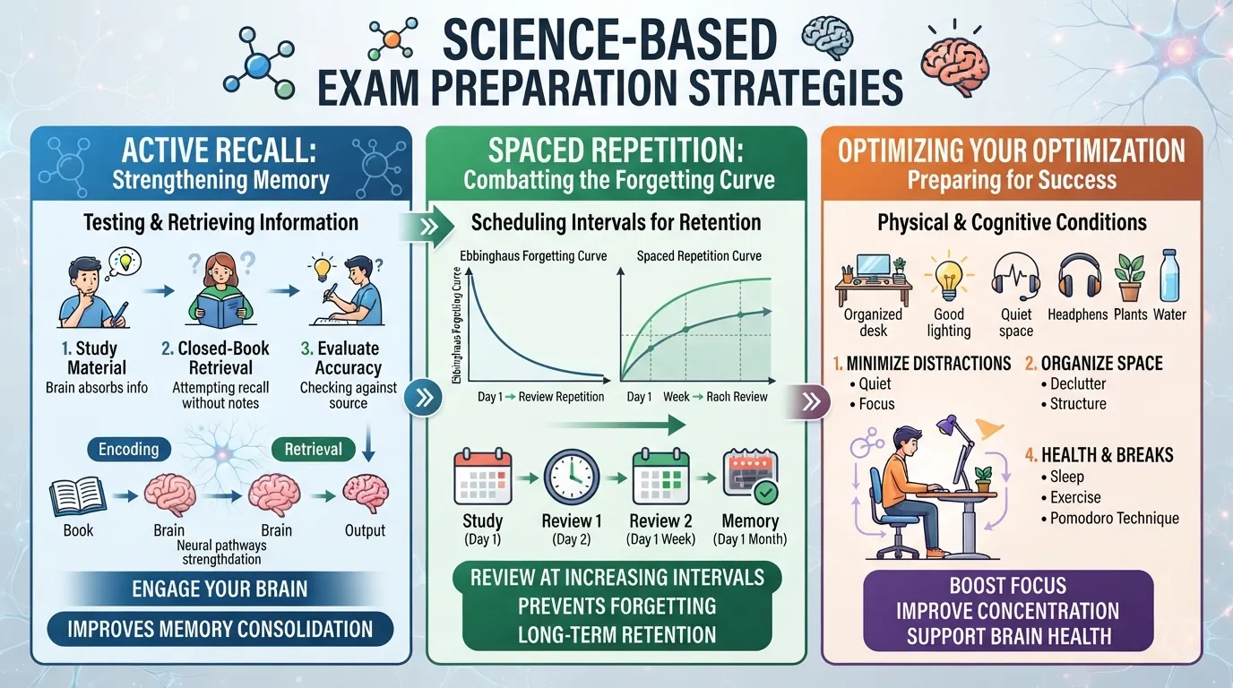 Infographic illustrating science-based study tips for exams, including active recall, spaced repetition, and memory retention frameworks.