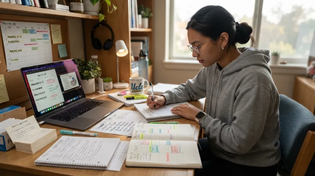 College student studying with organized notes, flashcards, a study schedule, and focused learning techniques at a desk