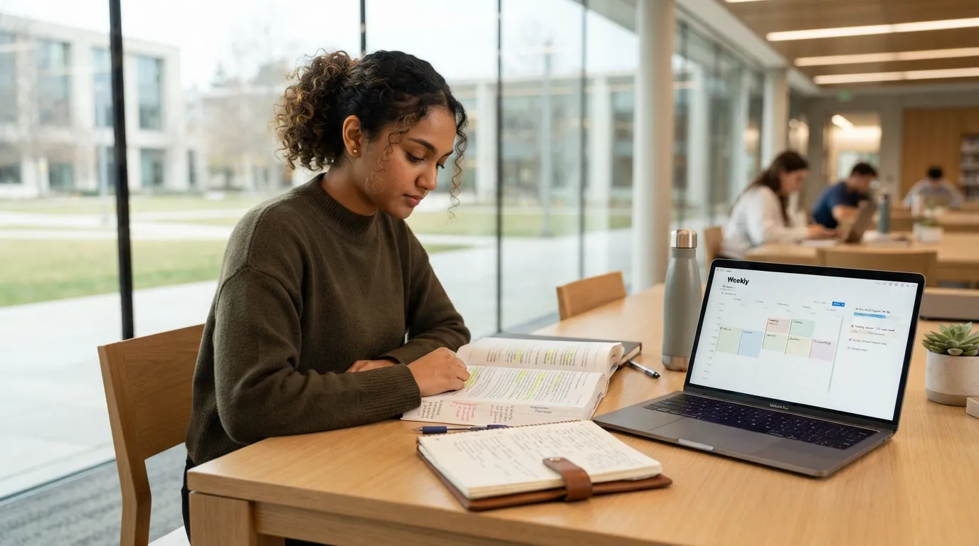College student sitting at a library desk with an open textbook, laptop, and a weekly planner, demonstrating self-directed independent study habits.
