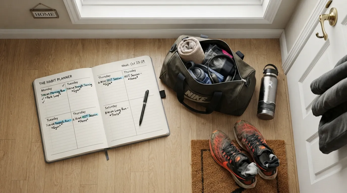 A person organizing a weekly calendar and workout gear to establish a consistent fitness routine and avoid motivation traps.