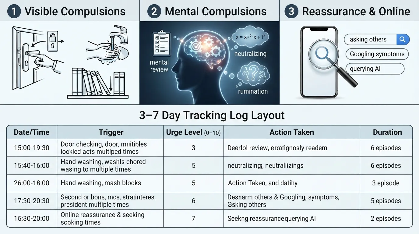 Infographic showing different types of OCD compulsions including visible checking, hidden mental review, and online reassurance seeking with a tracking log checklist.