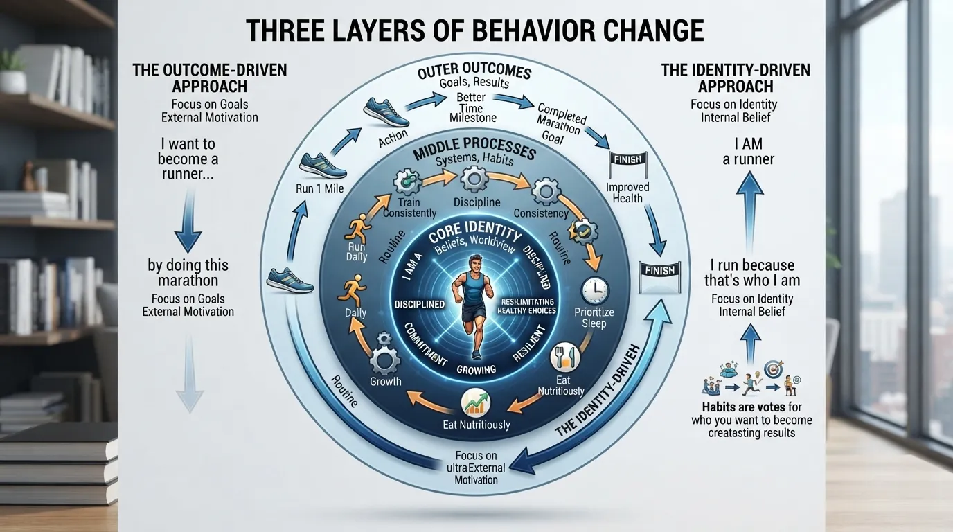 Infographic illustrating the identity-based habits framework, showing the progression from outcomes and processes to internal identity belief and self-image.