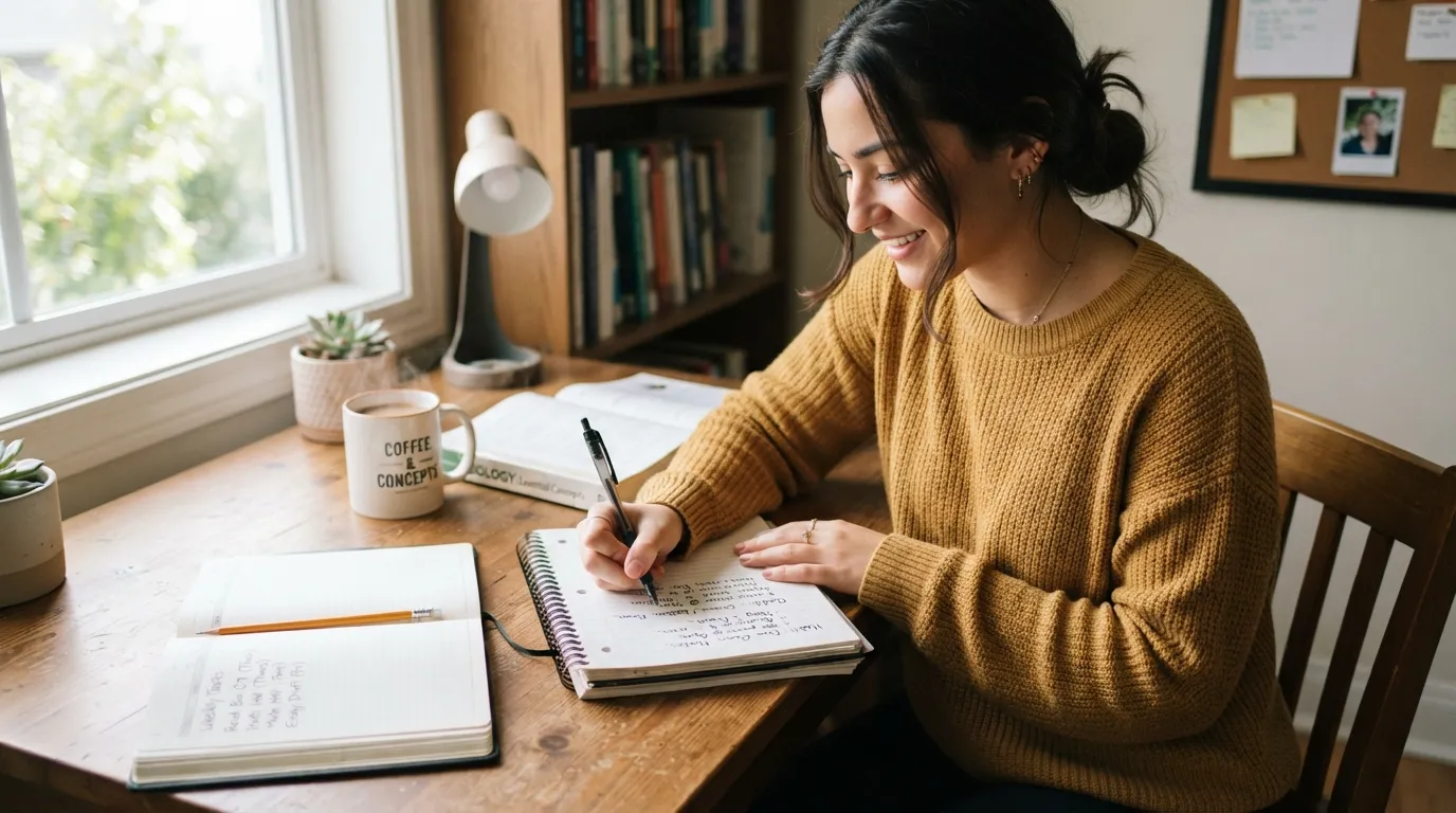 A student taking notes at a desk to define study habits in simple everyday terms