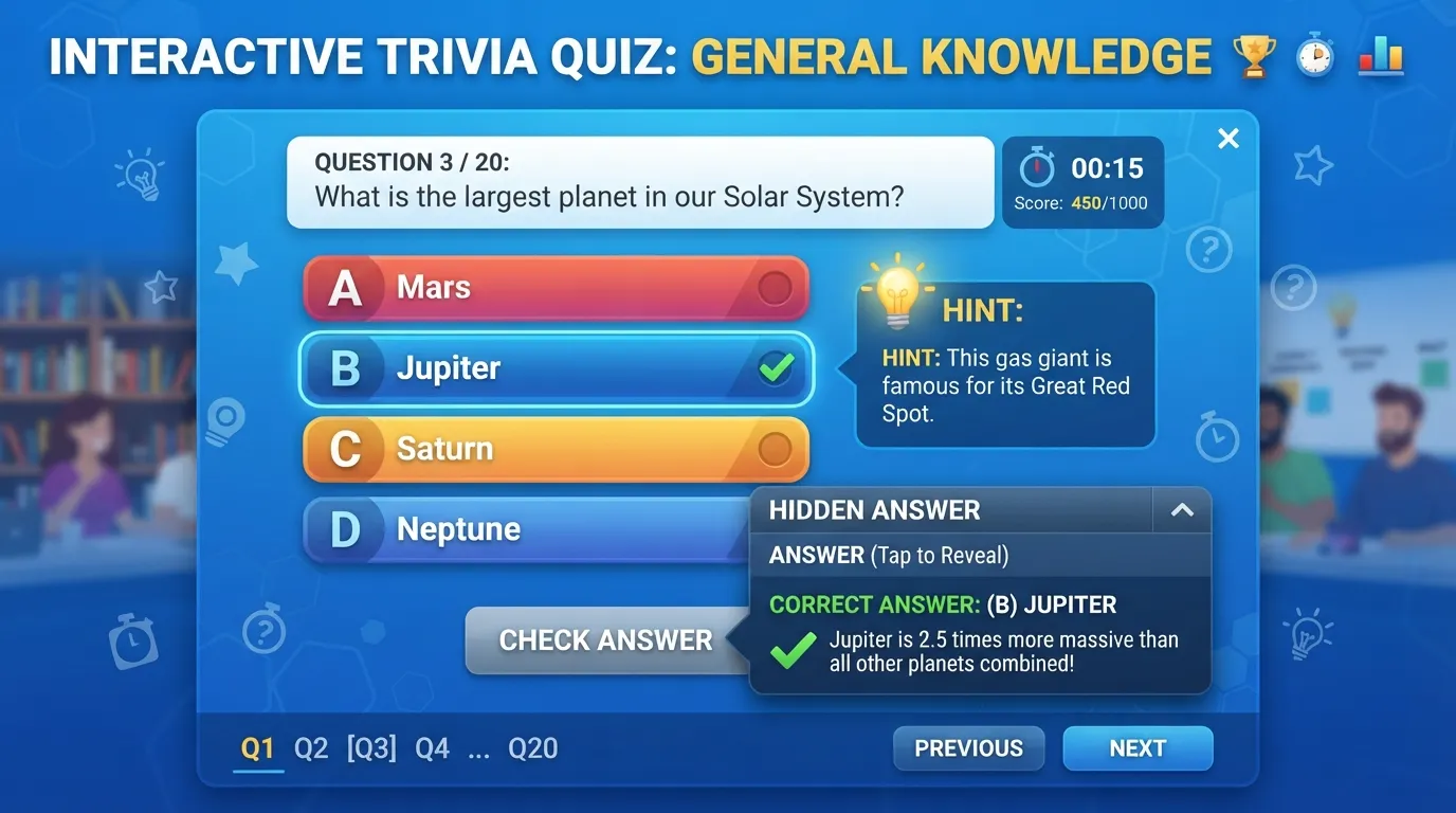 A digital screen displaying an interactive multiple-choice general knowledge trivia quiz question with options and a hint button.