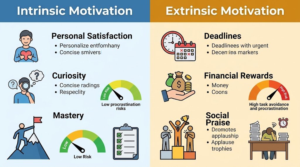 Side-by-side comparison chart illustrating intrinsic vs extrinsic motivation and their impact on procrastination levels.