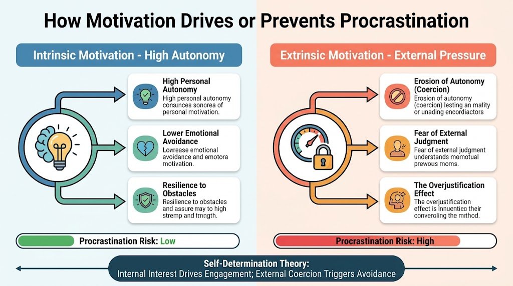 Infographic comparing intrinsic and extrinsic motivation paths showing how internal interest reduces procrastination while external pressure increases task avoidance.