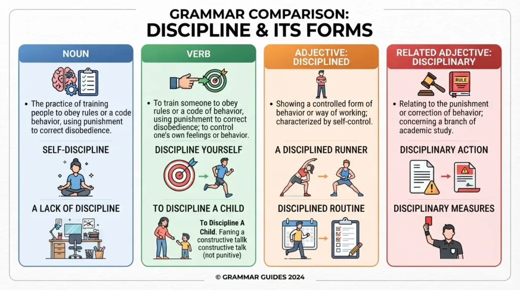 Visual comparison showing “discipline” as a noun and verb, with “disciplined” as the adjective describing self-controlled behavior.