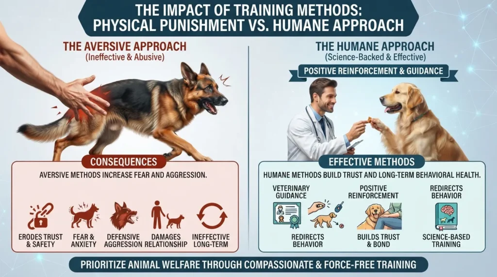 Concerned dog owner consulting a professional veterinary behaviorist to discuss humane alternatives to physical discipline.