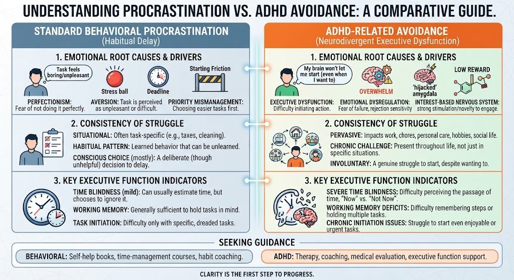 A comparative infographic contrasting standard behavioral procrastination with ADHD-related executive dysfunction, highlighting core differences in attention regulation and emotional avoidance.