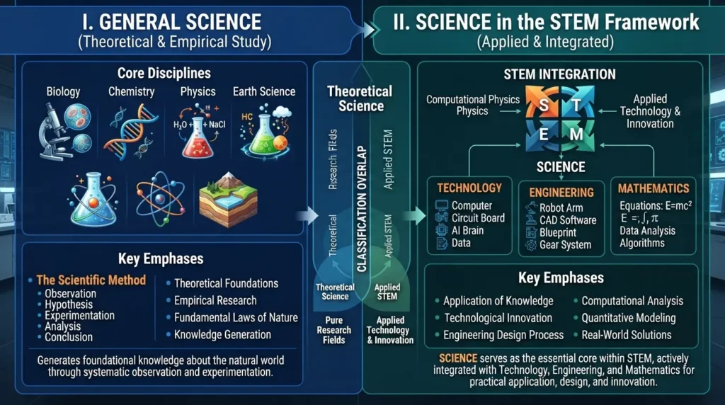Infographic comparing the core categories of STEM disciplines versus general science to clarify the differences between the two fields.