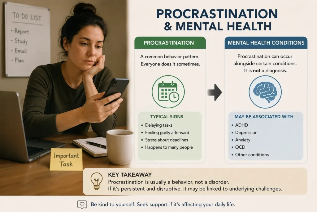 Person delaying a task while considering the difference between normal procrastination and a possible mental health condition