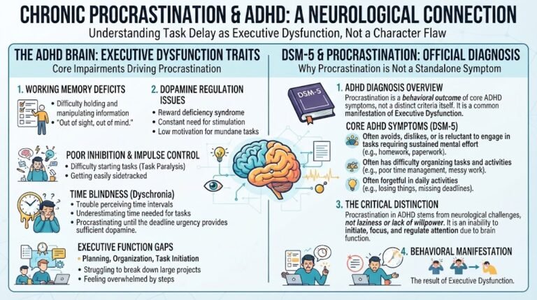 Infographic explaining whether procrastination is a sign of ADHD, comparing executive dysfunction and diagnostic criteria.