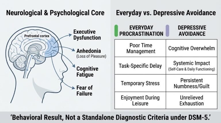 Diagram illustrating the connection between procrastination and clinical depression, contrasting executive dysfunction with ordinary task delay.