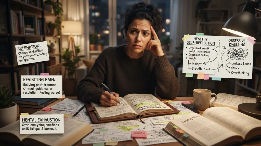 A person sitting at a desk looking overwhelmed while writing in a journal, illustrating the potential psychological challenges and negative effects of deep emotional journaling.