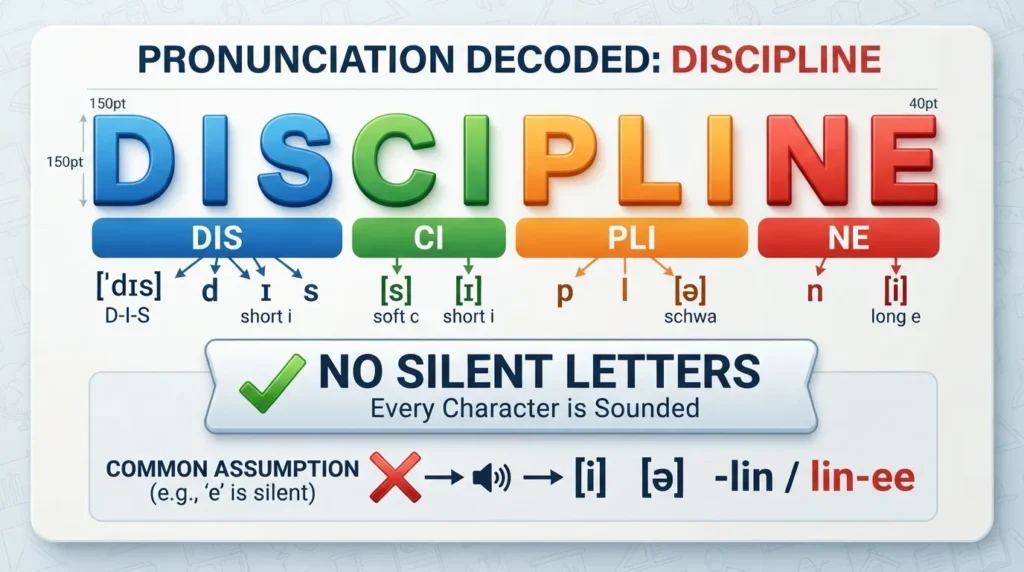 Close-up text graphic showing the phonetic spelling and spelling breakdown of the word discipline, highlighting that every letter has a sound without any silent letters.