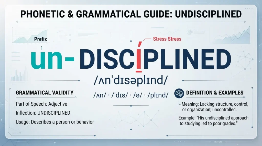 A visual guide displaying the word undisciplined broken down into its prefix un- and base word discipline with phonetic transcription.