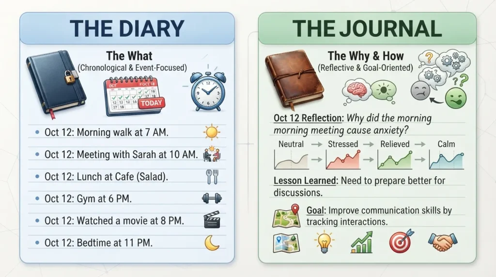 Side-by-side comparison of a personal diary focused on daily events and a wellness journal focused on reflections, emotional growth, and mental clarity.