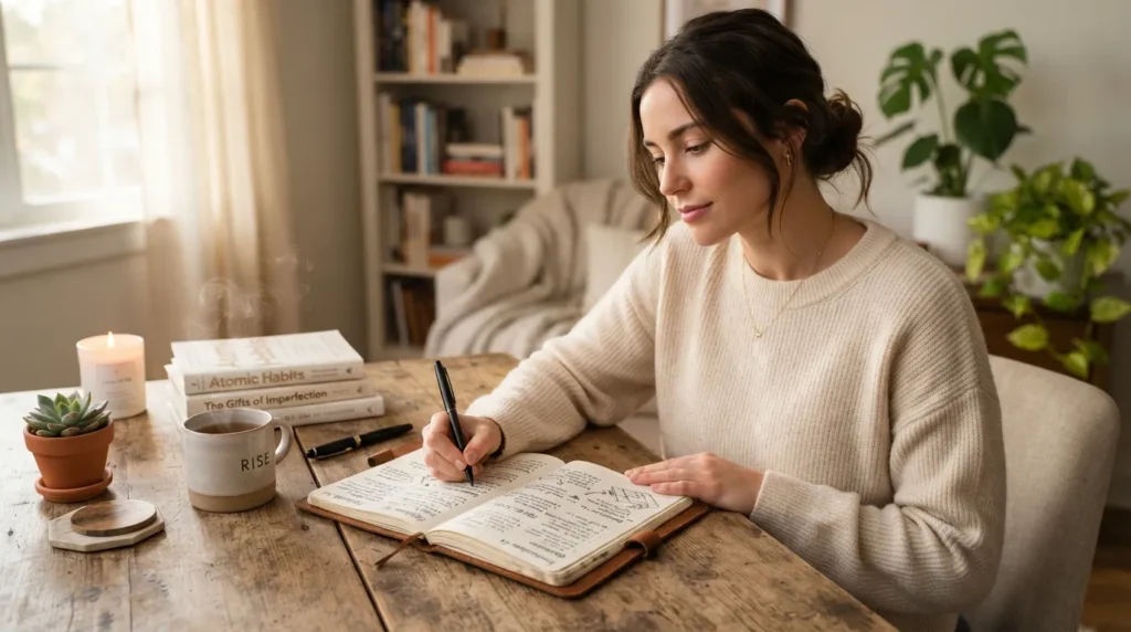 Person writing in a journal while reflecting on emotions, reducing stress, improving self-awareness, and tracking personal growth
