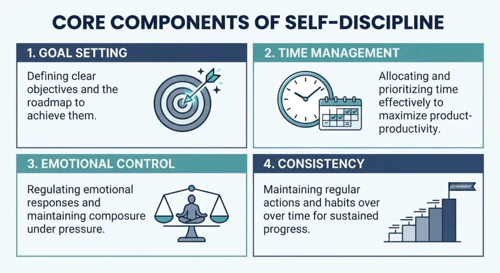 An infographic illustrating the core pillars of self-discipline, including goal setting, time management, emotional control, and consistency.