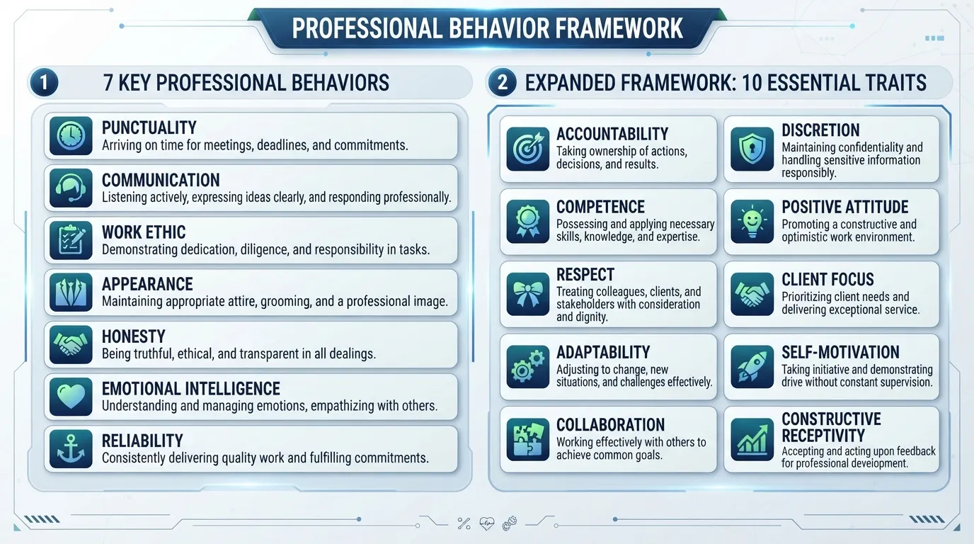 Infographic highlighting the key characteristics of professionalism, including punctuality, accountability, communication skills, and integrity in the workplace.