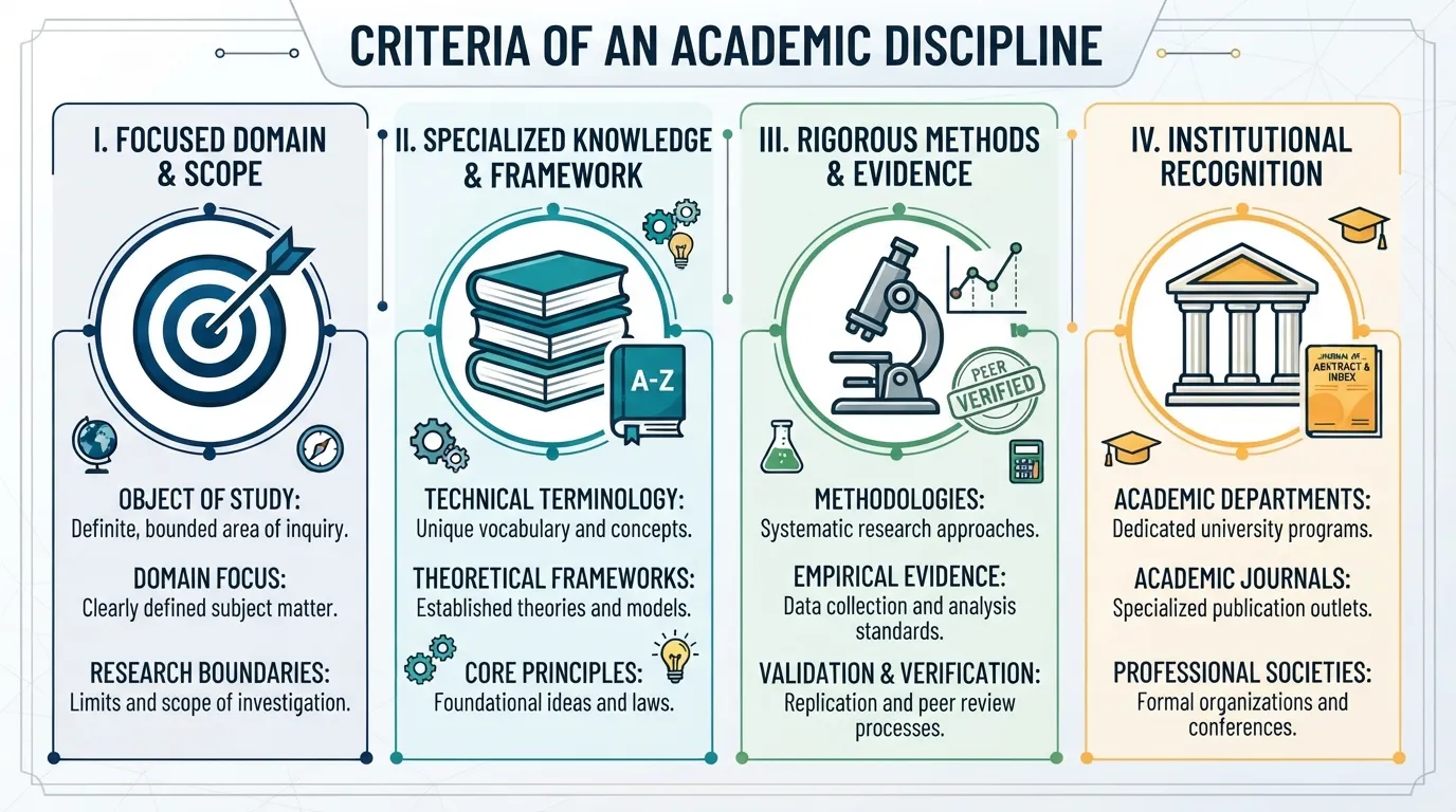 Infographic chart outlining the key characteristics of an academic discipline, including domain focus, specialized terminology, research methods, and institutional recognition.