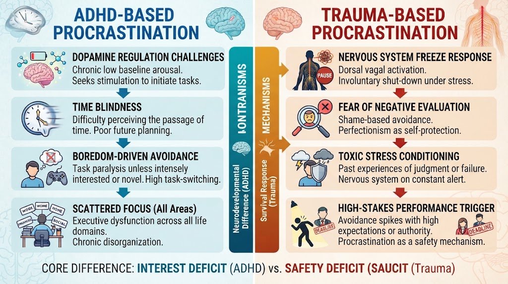 A side-by-side comparative infographic illustrating the core differences between ADHD-based and trauma-based procrastination pathways.