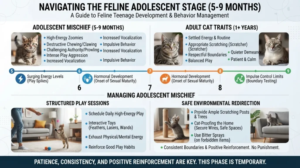 An adolescent kitten exploring a high surface, illustrating the rebellious 5 to 9-month teenage behavior phase.