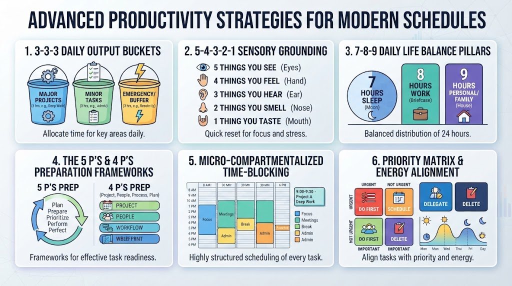 An infographic summarizing advanced productivity frameworks including the 3-3-3 rule, 5-4-3-2-1 grounding method, 7-8-9 balance rule, 5 Ps, 4 Ps, and Elon Musk's time blocking.