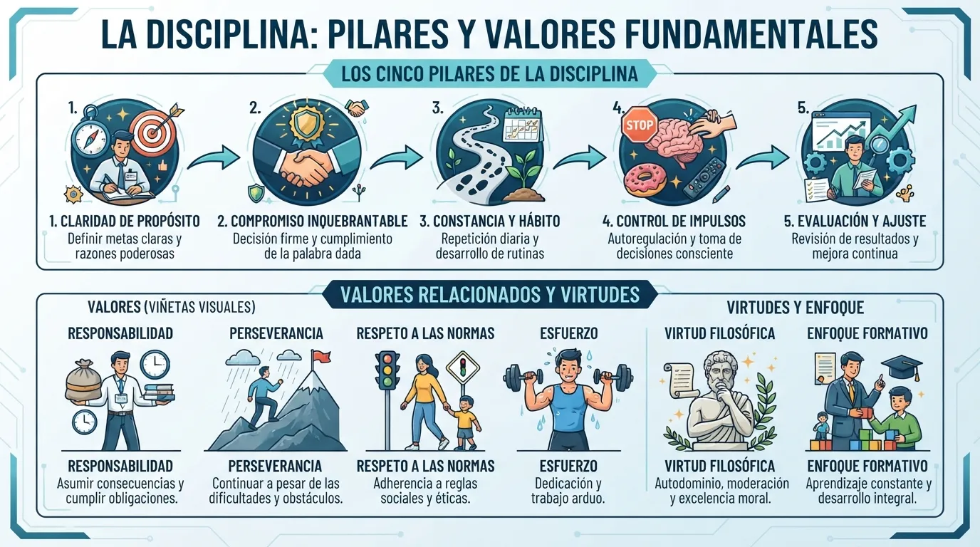 Infografía que muestra los cinco pilares y los valores fundamentales de la disciplina, incluyendo el propósito, el compromiso y la constancia.