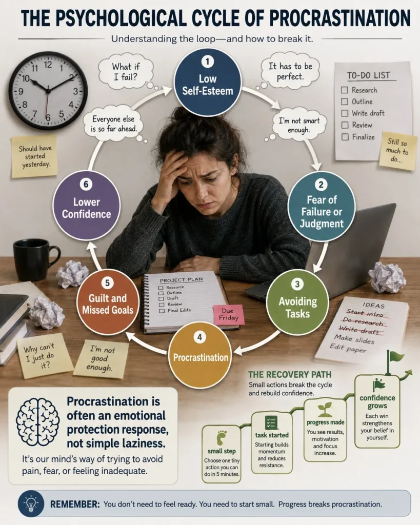 A visual showing the connection between low self-esteem and procrastination, with self-doubt, fear of failure, task avoidance, delayed actions, guilt, and reduced confidence forming a repeating cycle.