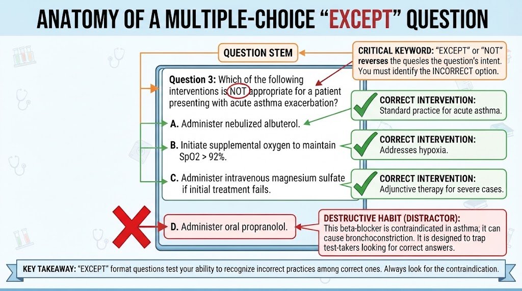 An infographic breaking down the core mechanics of a multiple-choice question, highlighting the question stem, the true-positive options, and the critical distractor choice.