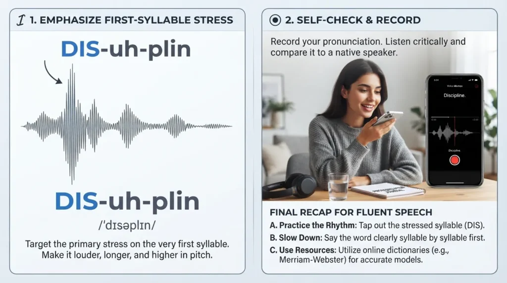 Person practicing mouth posture and syllable stress to correctly pronounce discipline.